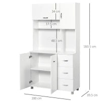 Credenza da Cucina Moderna con Cassetti, Armadietti e Ripiani Aperti, 100x39.5x183.5cm, Bianco