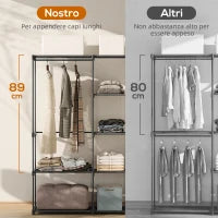 Armadio Guardaroba in Tessuto con 8 Ripiani e 3 Aste per Appendere, 182x43x185 cm, Nero