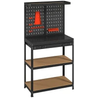 Banco da Lavoro con Pannello Portautensili Forato, 2 Ripiani e Cassetto, in Acciaio e Legno, 80x40.5x155 cm, Nero