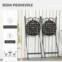 Mobili da Giardino Set da 3 Pezzi con 2 Sedie Pieghevoli e 1 Tavolino, in Metallo e Ceramica