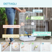 Gabbia per Uccelli con Trespoli, Altalena e Ciotole, Voliera in Metallo e Plastica, 46.5x35.5x92cm, Bianco