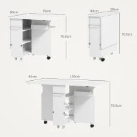 Tavolo a Ribalta Pieghevole con Ripiani a 3 Livelli, Box e Rotelle, in MDF, 130x80x76.5 cm, Bianco
