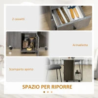 Tavolo Pieghevole con 2 Cassetti e Armadietto, 6 Rotelle e Freni, 120x60x76.5 cm, Grigio Legno e Roccia