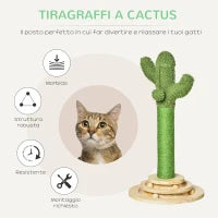 Albero Tiragraffi a Cactus per Gatti, Corda Sisal e Base con Palline in Legno, 32x32x60cm