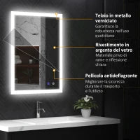 kleankin Specchio Bagno LED Antiappannamento con 3 Colori e Luminosità Regolabile, in Metallo e Vetro, 80x60x3 cm
