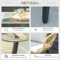 Set da Giardino 4 Pezzi con 2 Sedie da Giardino, Divanetto 2 Posti e Tavolino Basso, Naturale e Crema