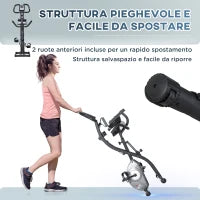 Cyclette Pieghevole con Schienale, Bande Elastiche e 8 Livelli di Resistenza Regolabile, Cyclette da Casa Silenziosa con Display LCD, Sensore di Frequenza Cardiaca, Porta Cellulare e Ruote