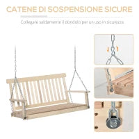 Dondolo per Esterno Sospeso per 2 Persone in Legno e Catene in Metallo, Colore Naturale 119x65x61cm