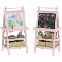 Lavagna per Bambini con Cavalletto 3 in 1, Rotolo di Carta e 2 Contenitori, in Legno, 59x48x118 cm, Rosa