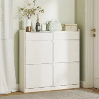 Scarpiera Slim in Legno con 4 Cassetti a Ribalta e 2 Cassetti Scorrevoli, 98x19.2x95.3 cm, Bianco