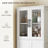 Mobile Bagno Alto con Ripiani Regolabili, Ante in Vetro e Legno, 60x30x170 cm, Bianco