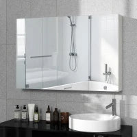 kleankin Armadietto Pensile Bagno con 3 Ante a Specchio e Ripiani Regolabili in Legno 90x13.5x60 cm, Bianco