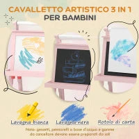 Lavagna per Bambini con Cavalletto 3 in 1, Rotolo di Carta e 2 Contenitori, in Legno, 59x48x118 cm, Rosa