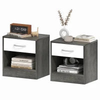 Set 2 Comodini Moderni con Ripiano Aperto e Cassetto, in Legno, 39x28x41 cm, Bianco e Grigio Scuro