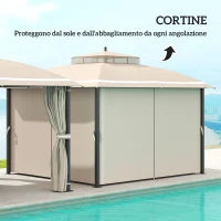 Gazebo da Giardino 3.7 x 3 m con Zanzariera, Tende Laterali e Doppio Tetto, Beige