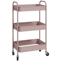 Carrello da Cucina a 3 Livelli con Maniglie e 4 Rotelle, in Acciaio, 45x30.6x79 cm, Rosa