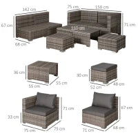 Salotto da Esterno in Rattan PE da 8 Pezzi, Set Mobili da Giardino Salvaspazio con Poltrone, Tavolini e Sgabelli, Grigio