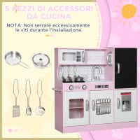 Cucina Giocattolo in Legno per Bambini 3-8 Anni con Fornelli, Microonde, Lavandino, e Accessori, Rosa