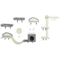 Set Mensole da parete per gatti da 6 pezzi, con amache, tiragraffi e lettini, Beige