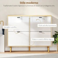 Scarpiera Slim Moderna con 4 Cassetti Ribaltabili per 20 Paia di Scarpe, 105x24x92.5 cm, Bianco