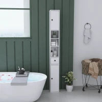 Colonna Bagno Salvaspazio con 2 Armadietti, 3 Ripiani Aperti e Cassetto, in Legno, 20x20x178 cm, Bianco