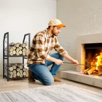 Portalegna da Esterno e Interno a 2 Livelli con 3 Ganci Laterali in Acciaio, 41x30x81 cm, Nero