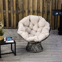 Poltrona Papasan Girevole Ø97x90 cm con Cuscino, in Poliestere e Rattan Intrecciato, color Crema