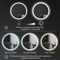kleankin Specchio Bagno con Luci LED Regolabili, Controllo Touch e Design Antiappannamento, Ø60 cm