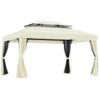Gazebo da Giardino 4x3m con Zanzariera, Tende e Doppio Tetto in Alluminio e Poliestere, Crema