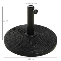 Base per Ombrellone Rotonda Effetto Rattan da 12.5kg, Supporto per Pali da 38mm e 48mm, Ø44.5 cm, Nero
