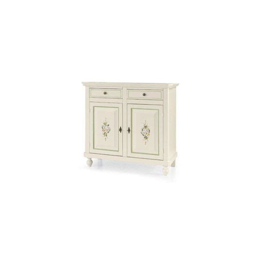 Credenza color bianco con 2 ante 2 cassetti in stile classico in legno e mdf con rifinitura in bianco lucido con decorata 105x45x98 H