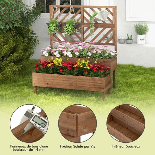 Fioriera rettangolare a 2 livelli in legno di abete con foro di drenaggio per piante rampicanti caffè 20_0005818