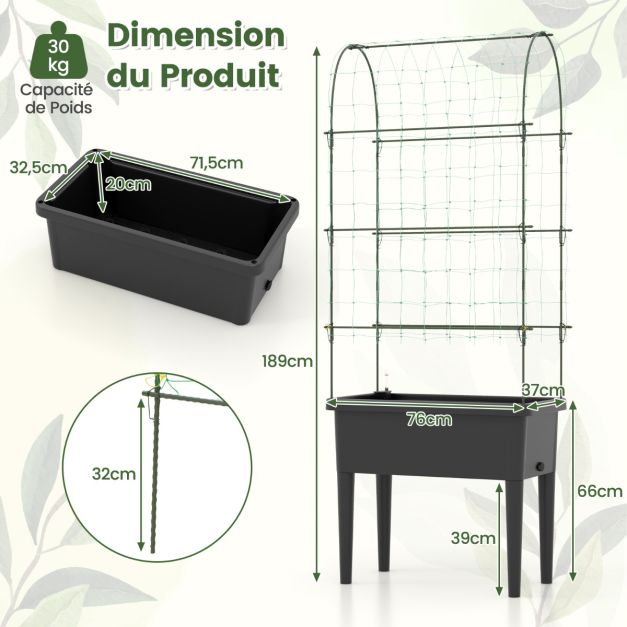Fioriera rialzata autoirrigante con aiuola da giardino a traliccio con indicatore del livello dell'acqua Foro di drenaggio per fiori e verdure Nero 20_0008643