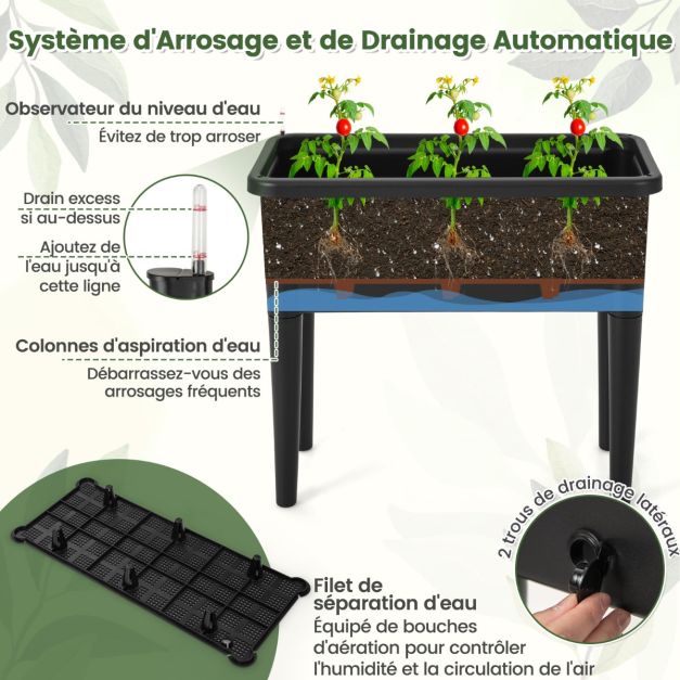 Fioriera rialzata autoirrigante con aiuola da giardino a traliccio con indicatore del livello dell'acqua Foro di drenaggio per fiori e verdure Nero 20_0008643