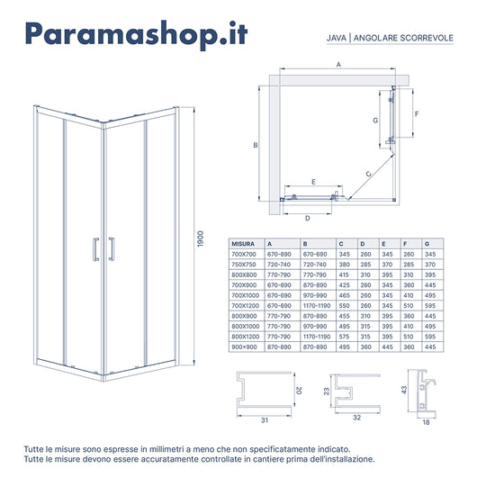 Box doccia 70x120 cm apertura scorrevole cristallo 6mm trasparente | Java