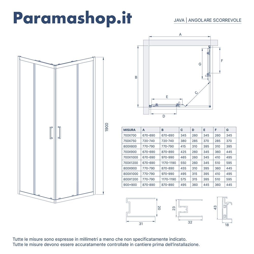 Box doccia 80x90 cm angolare doppio scorrevole profili neri vetro trasparente h190 | Java