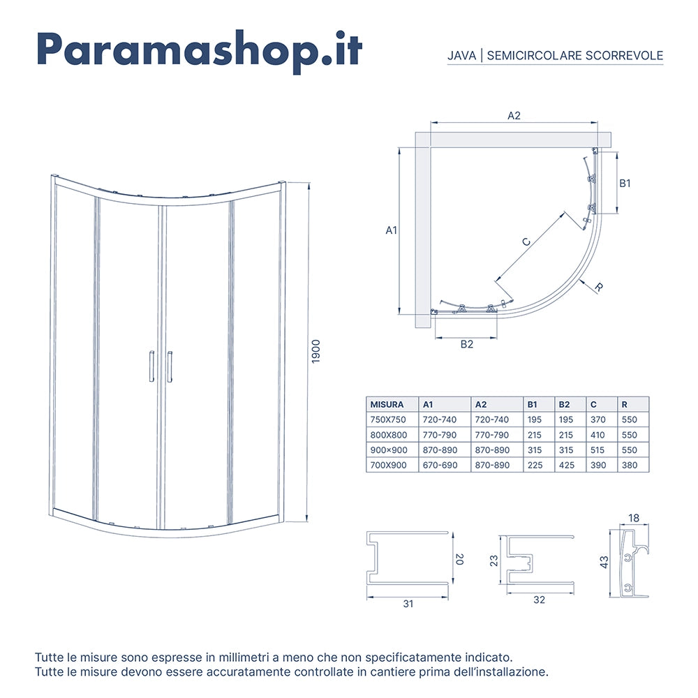Box doccia 90x90cm semicircolare apertura scorrevole cristallo 6mm trasparente | Java