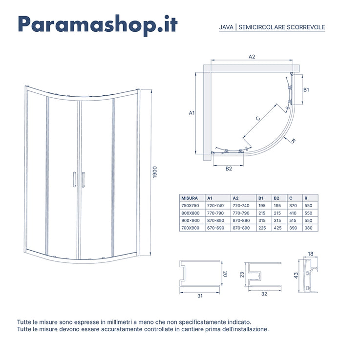 Box doccia 90x90cm semicircolare apertura scorrevole cristallo 6mm opaco | Java