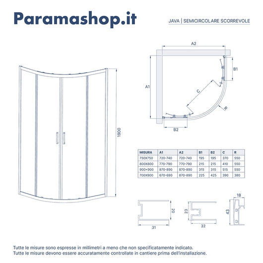 Box doccia 75x75 cm semicircolare doppio scorrevole profili neri vetro trasparente h190 | Java
