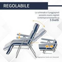 Sedia Sdraio per Esterni da 2 Pezzi Pieghevole e Reclinabile, Lettino Prendisole con Cuscino Imbottito, Blu e Bianco