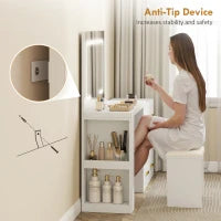 Tavolo da trucco con specchio e sgabello, con illuminazione LED regolabile e 6 cassetti, 118 x 78 x 135 cm, Bianco