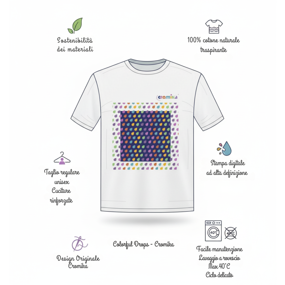 T-shirt cromika arte e colore in cotone naturale *** misura small - s, modello colorful drops, confezione 1