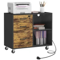 Mobile per Stampante con 3 Cassetti, 2 Ripiani Aperti e Foro Passacavi, in MDF, 80x40x65.5 cm, Marrone e Nero
