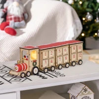 Calendario Avvento di Natale a forma di Treno con Babbo Natale e Luce LED Inclusa, in Compensato, 40x8x11 cm