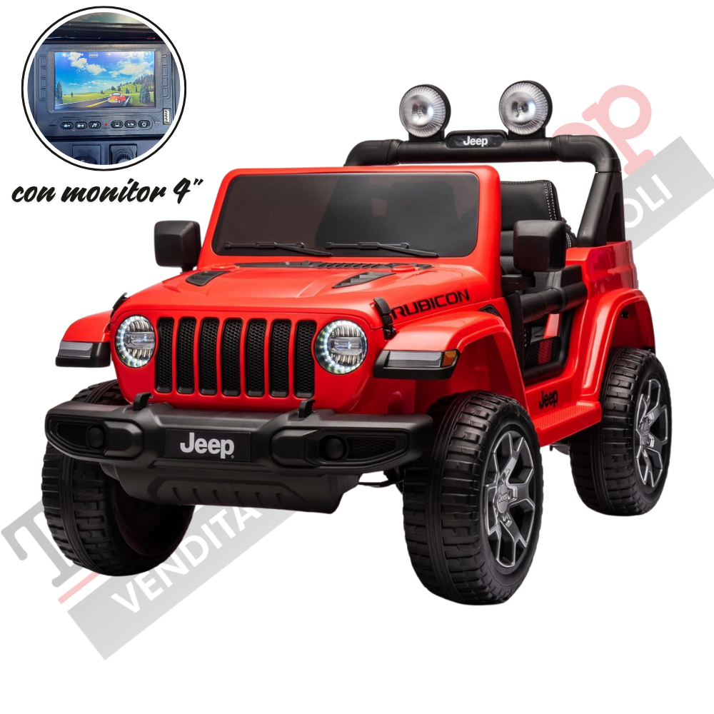 Auto Macchina Elettrica per Bambini JEEP FIAT Wrangler RUBICON 12V 2 Posti  con Monitor 4" Mp4 - Sedile in Pelle -Rosso