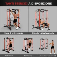 Stazione Fitness con Supporto per Bilanciere e Barra per Trazioni e Dip, in Acciaio, 191x153x205 cm, Rosso e Nero