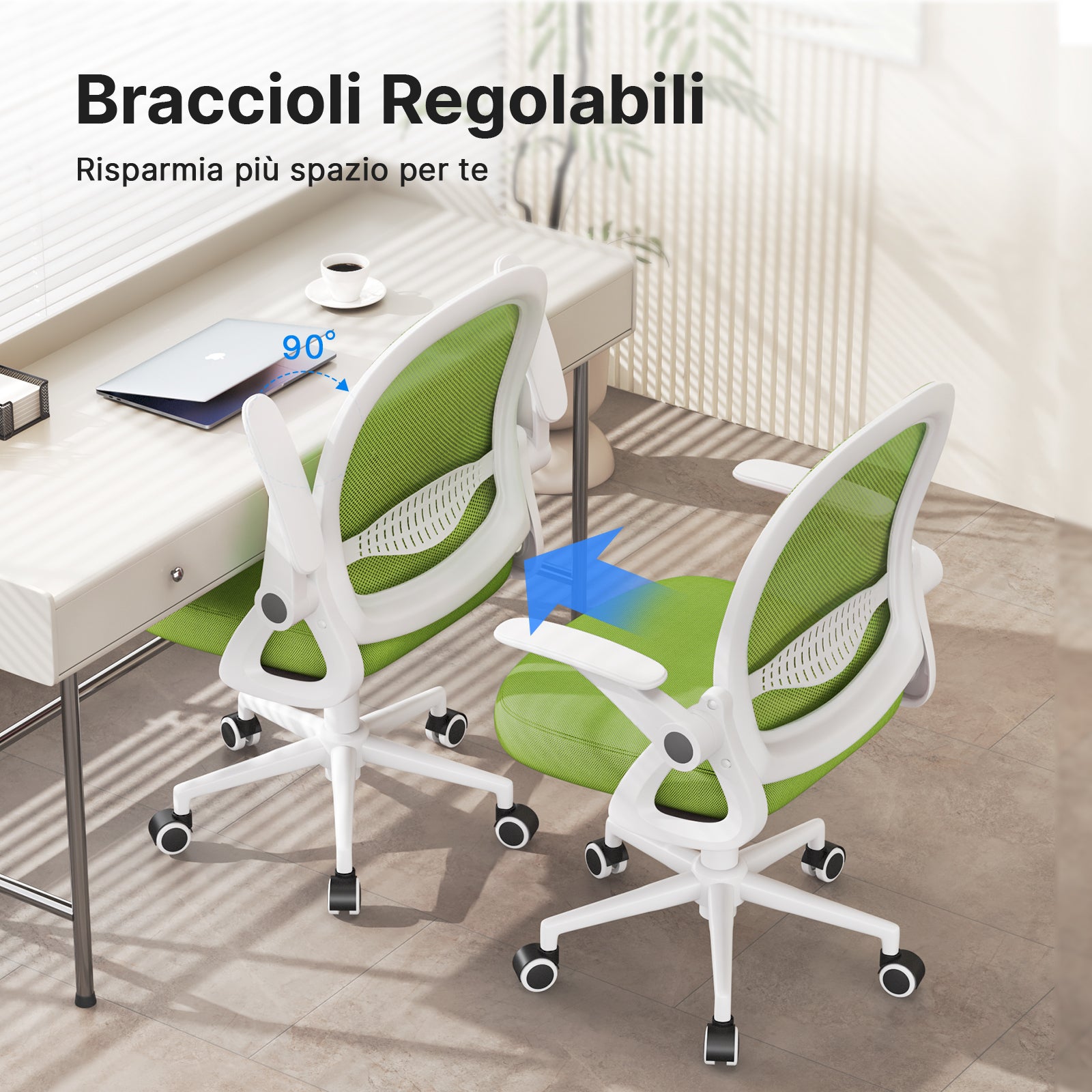Sedia Ufficio con Supporto Lombare - RATTANTREE - Sedia Ufficio da Scrivania ergonomica Braccioli 90° Regolabile - Verde