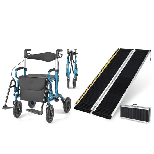 Deambulatore pieghevole per anziani e rampa per carrozzina con piastra, Deambulatore con sedia e rampa per soglie per gradini-Salute e bellezza
