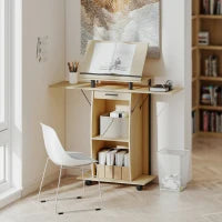 Podio con Ruote, Podio con Pannelli Laterali Pieghevoli, Tavolo per Laptop con Cassetto e Ripiani, Finitura Rovere