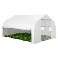 Serra da Giardino 4x3m a Tunnel con Copertura in PE, Porta e 8 Finestre Avvolgibili, Bianco